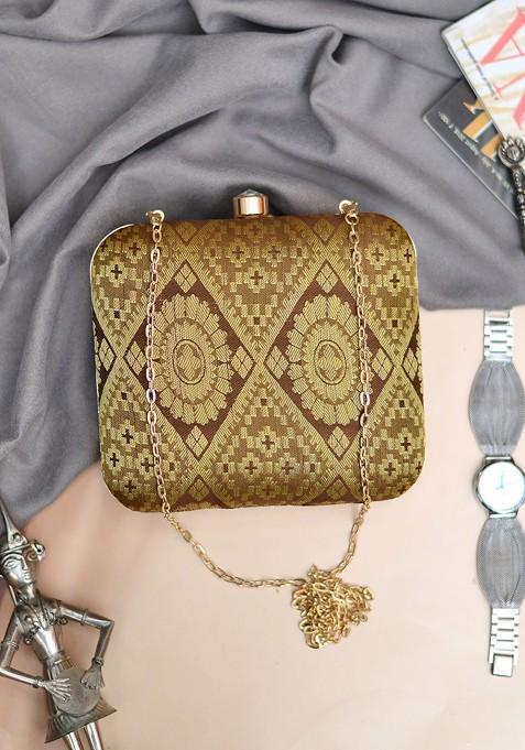 Bronze Satin Women Textured Brocade Box Clutch