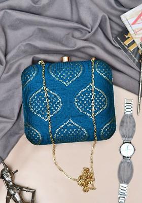 Teal Satin Women Embroidered Fabric Box Clutch