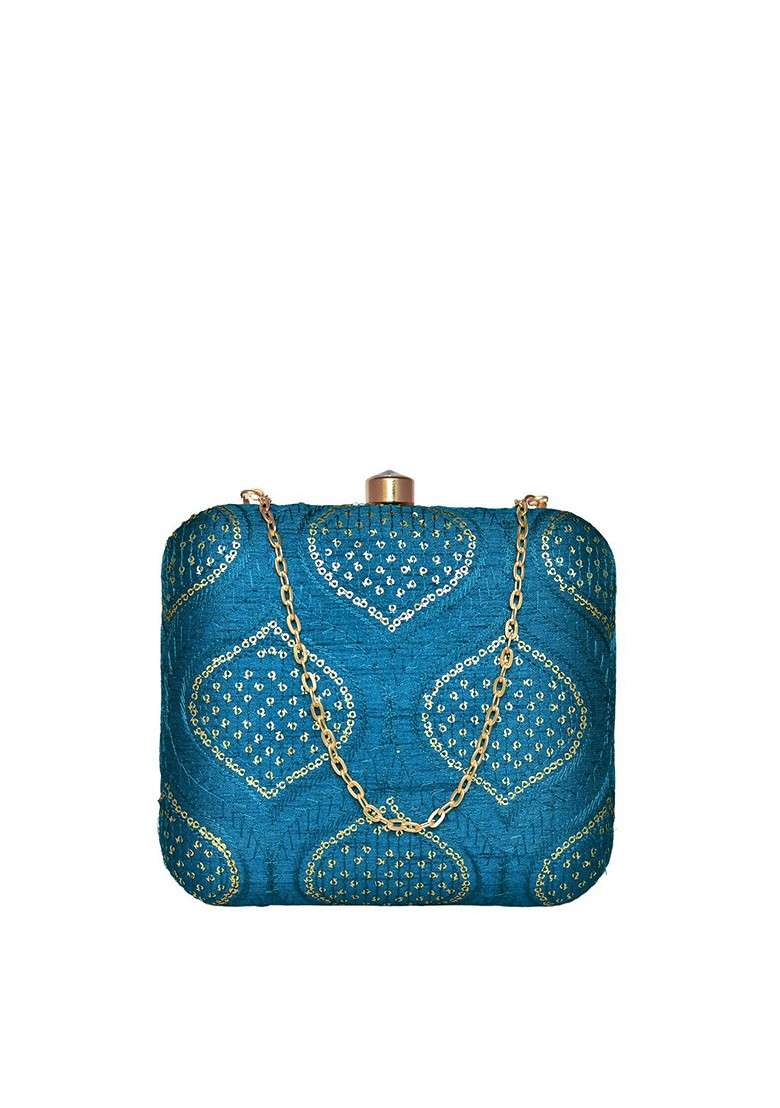 Teal Satin Women Embroidered Fabric Box Clutch - Indya