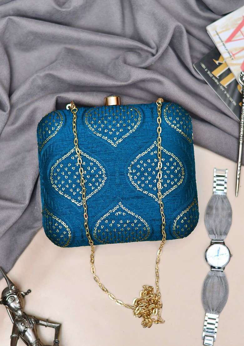 Teal Satin Women Embroidered Fabric Box Clutch - Indya