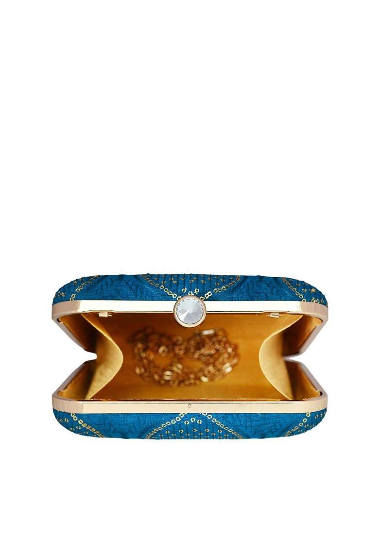 Teal Satin Women Embroidered Fabric Box Clutch - Indya