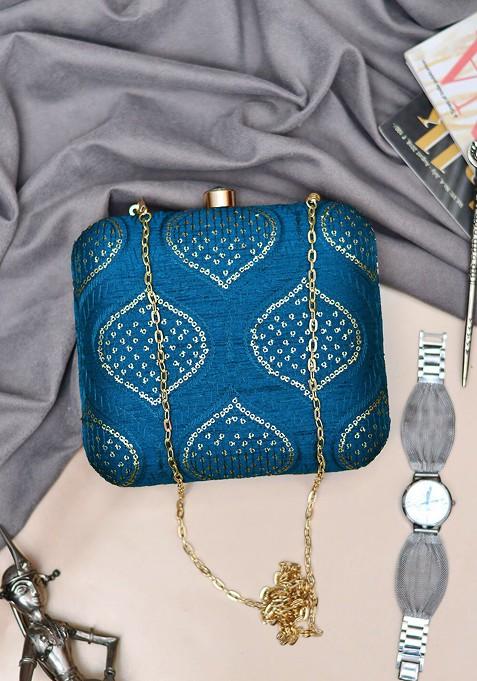 Teal Satin Women Embroidered Fabric Box Clutch