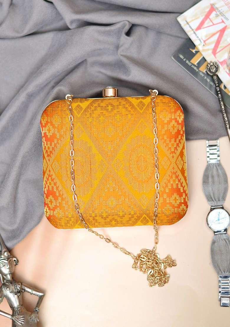 Yellow Fabric Women Printed Brocade Fabric Box Clutch - Indya