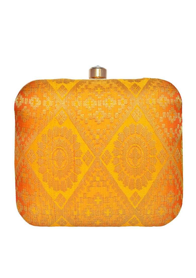 Yellow Fabric Women Printed Brocade Fabric Box Clutch - Indya