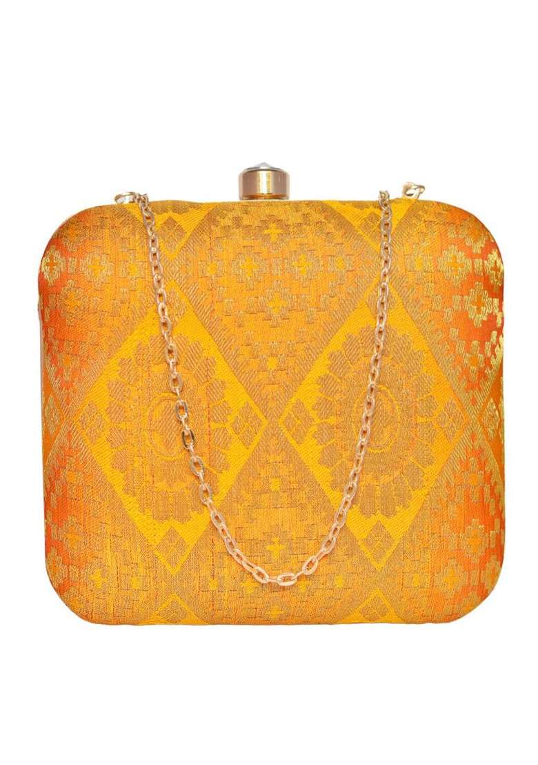 Yellow Fabric Women Printed Brocade Fabric Box Clutch - Indya