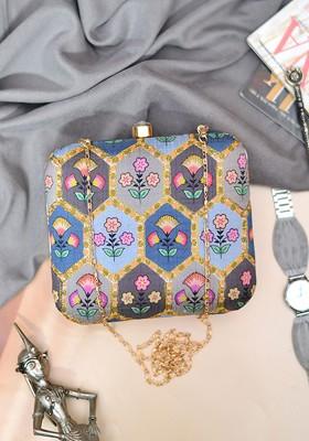 Grey Satin Embroidered Half Moon Clutch