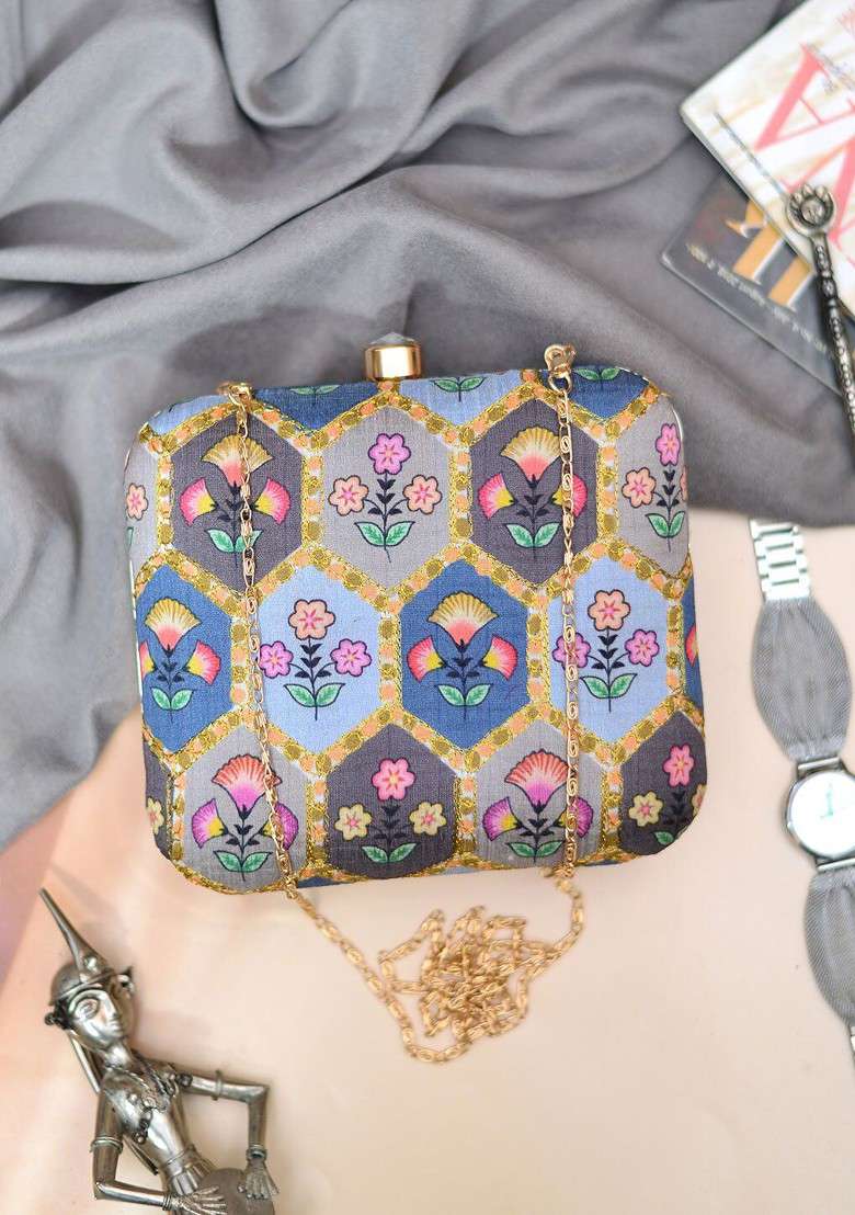 Grey Satin Embroidered Half Moon Clutch - Indya