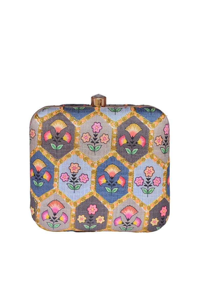 Grey Satin Embroidered Half Moon Clutch - Indya