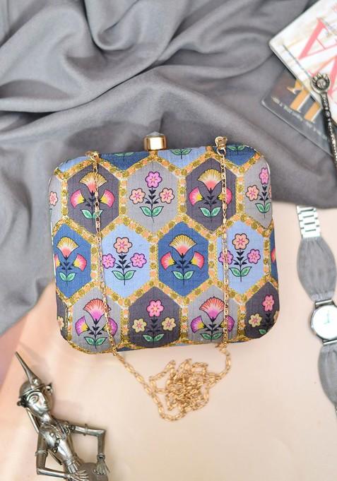 Grey Satin Embroidered Half Moon Clutch