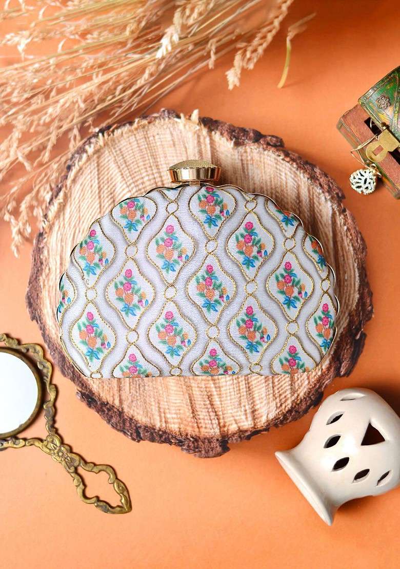 White Satin Embroidered Half Moon Clutch - Indya