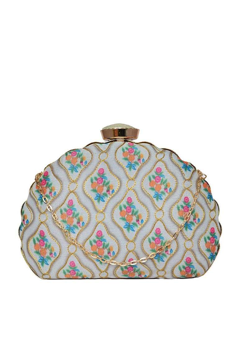 White Satin Embroidered Half Moon Clutch - Indya