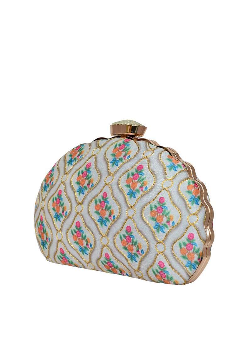 White Satin Embroidered Half Moon Clutch - Indya