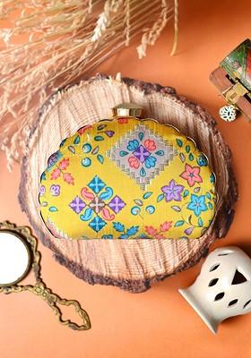 Yellow Satin Embroidered Half Moon Clutch