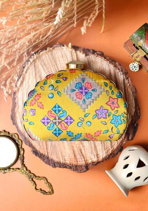 Yellow Satin Embroidered Half Moon Clutch