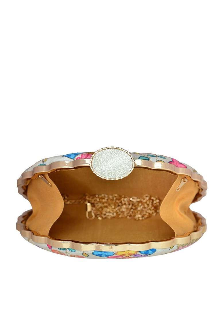 White Satin Embroidered Half Moon Clutch - Indya
