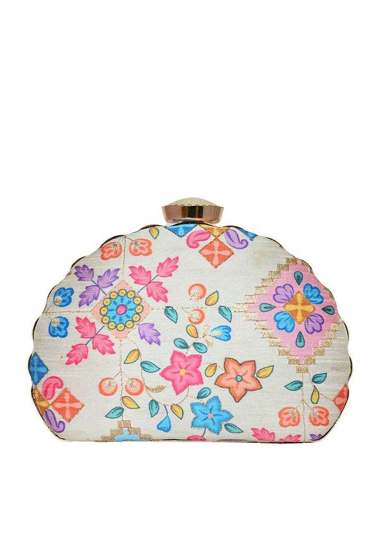 White Satin Embroidered Half Moon Clutch - Indya