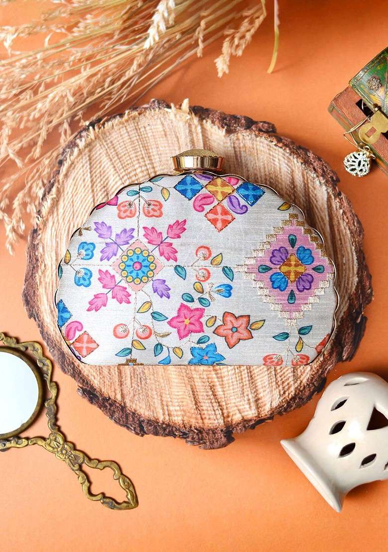 White Satin Embroidered Half Moon Clutch - Indya