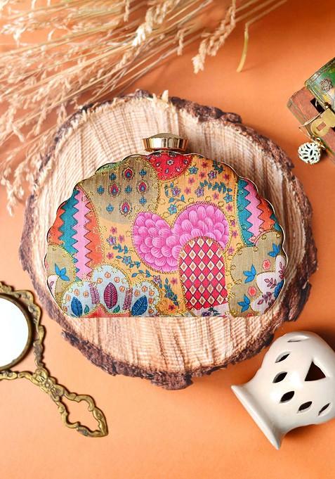 Pink Satin Embroidered Half Moon Clutch
