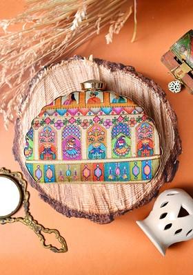 Yellow Satin Embroidered Half Moon Clutch