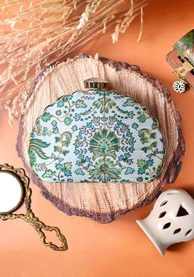 Green Satin Embroidered Half Moon Clutch