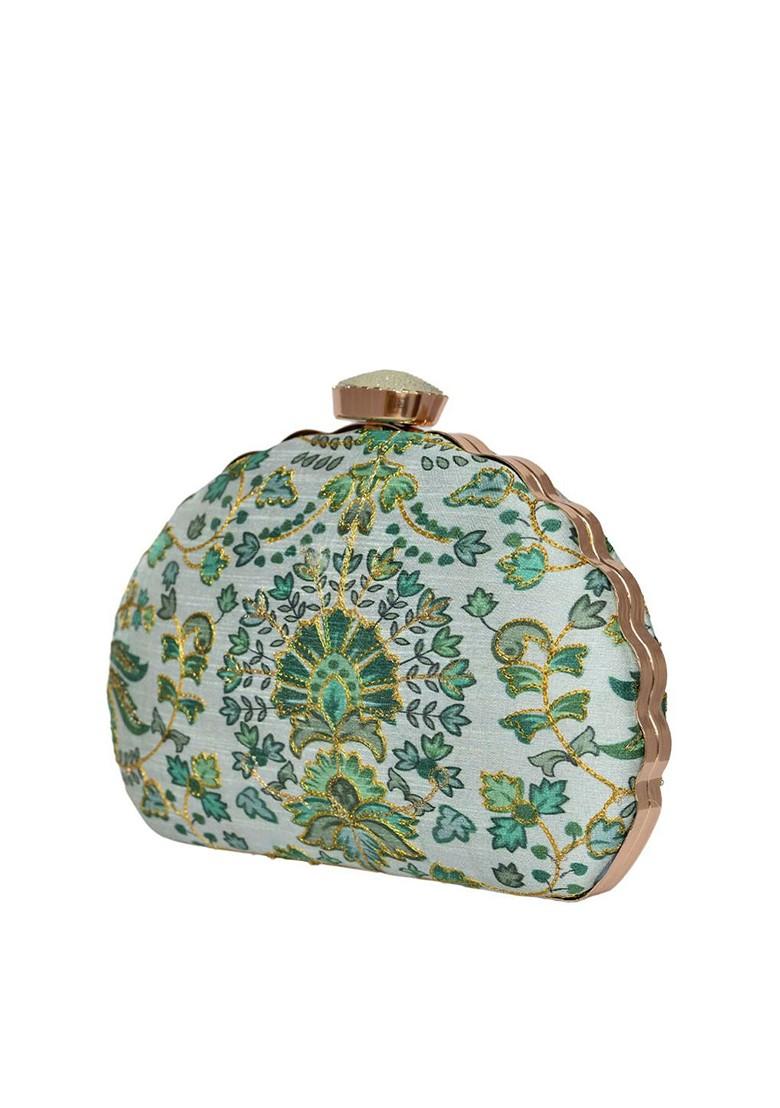 Green Satin Embroidered Half Moon Clutch - Indya