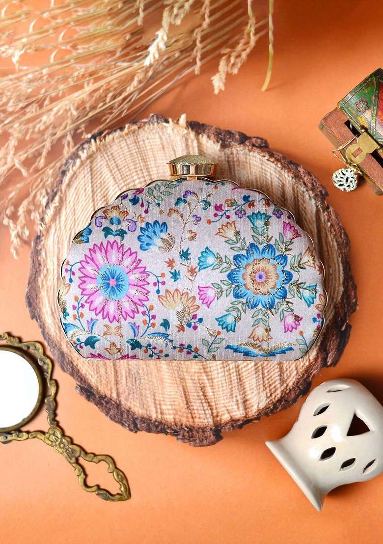 White Satin Embroidered Half Moon Clutch - Indya