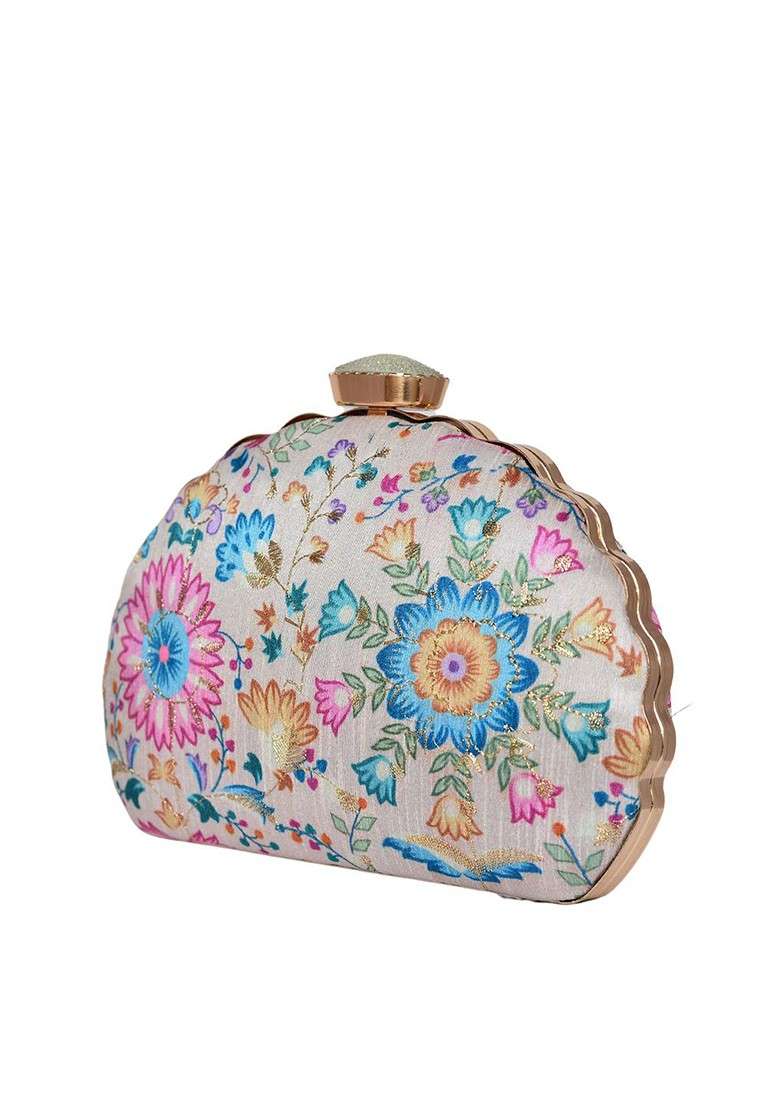 White Satin Embroidered Half Moon Clutch - Indya