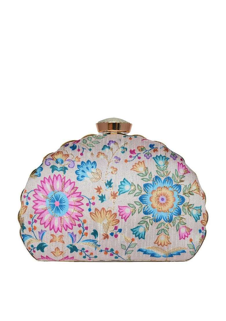 White Satin Embroidered Half Moon Clutch - Indya