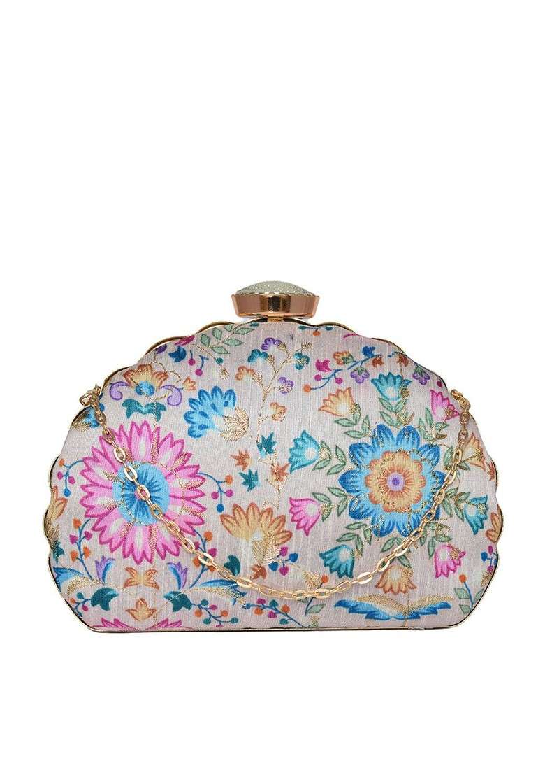 White Satin Embroidered Half Moon Clutch - Indya