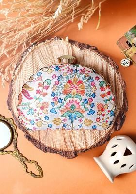 White Satin Embroidered Half Moon Clutch