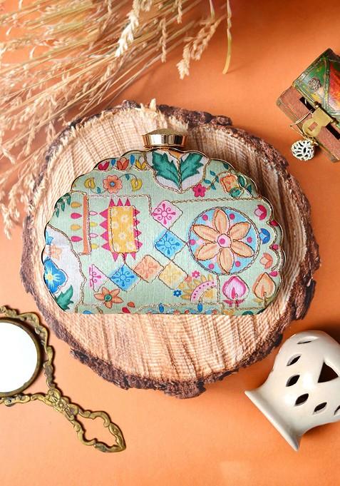 Green Satin Embroidered Half Moon Clutch