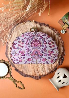 Purple Satin Embroidered Half Moon Clutch