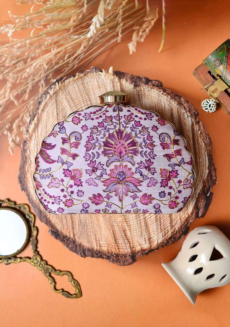 Purple Satin Embroidered Half Moon Clutch - Indya