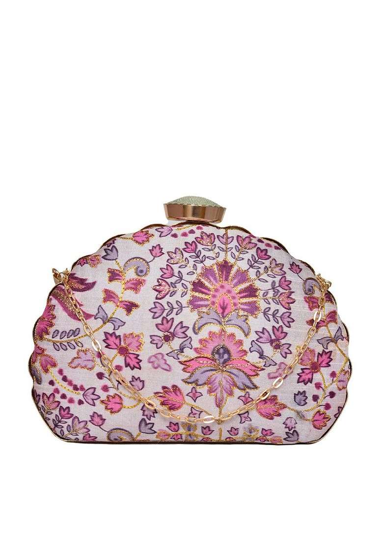 Purple Satin Embroidered Half Moon Clutch - Indya
