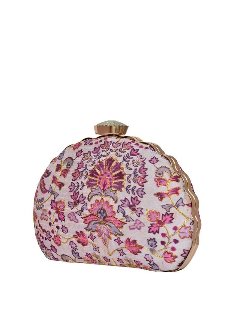 Purple Satin Embroidered Half Moon Clutch - Indya