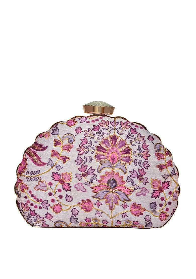 Purple Satin Embroidered Half Moon Clutch - Indya