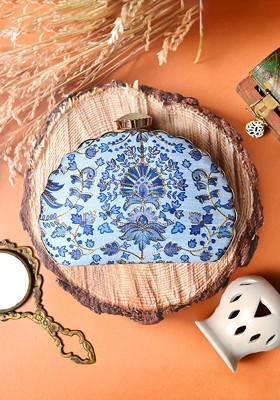 Blue Satin Embroidered Half Moon Clutch