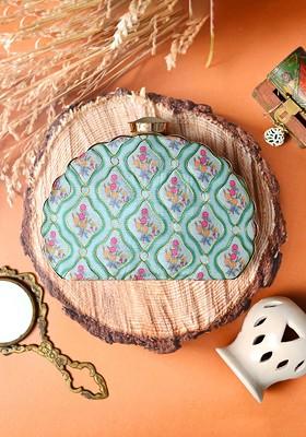 Green Satin Embroidered Half Moon Clutch