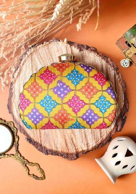 Yellow Satin Embroidered Half Moon Clutch