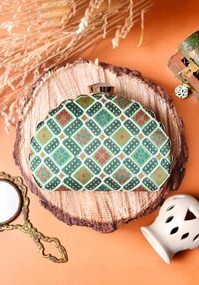 Green Satin Embroidered Half Moon Clutch