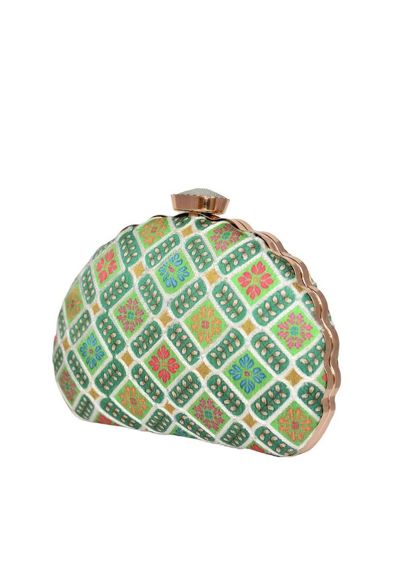 Green Satin Embroidered Half Moon Clutch - Indya