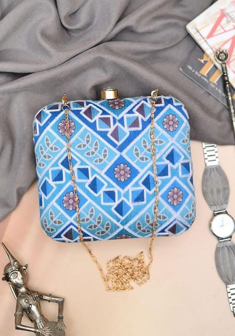 Blue Satin Embroidered Box Clutch