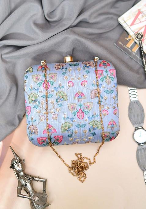 Blue Satin Embroidered Box Clutch