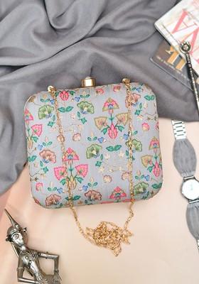 Grey Satin Embroidered Box Clutch