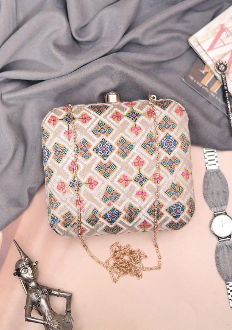 Beige Satin Embroidered Box Clutch - Indya
