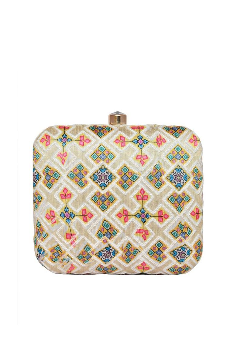 Beige Satin Embroidered Box Clutch - Indya