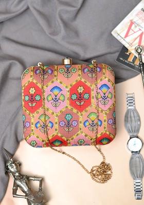 Peach Satin Embroidered Box Clutch