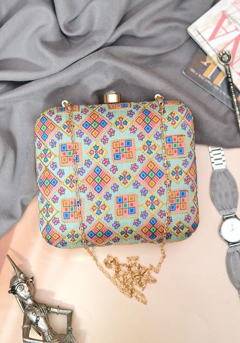Green Satin Embroidered Box Clutch