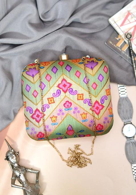 Green Satin Embroidered Box Clutch