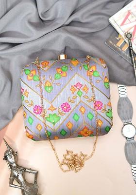 Grey Satin Embroidered Box Clutch